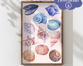 Aquarell Muscheln Druck, Küsten Sommer Wand Kunst (Digitaler Download)