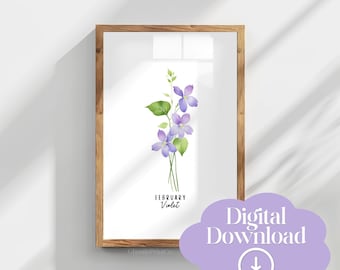 Februar Violett Geburt Blume Aquarell Druck, Botanische Galerie Wandkunst (Digitaler Download)