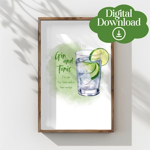 Gin and Tonic Recipe Watercolor Printable Wall Art Print, Home Bar Decor, Trendy Wall Art, Cocktail Poster, Bar Cart Print, Kitchen Wall Art