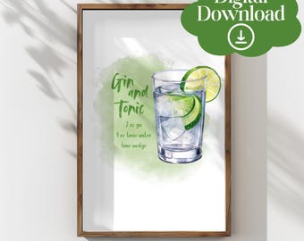 Gin and Tonic Recipe, Watercolor Cocktail Print (Digital Download)