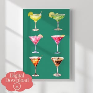 Letnie kolorowe napoje alkoholowe v3 Bar Cart Printable Wall Art, modna sztuka ścienna, plakat koktajlowy, wystrój kuchni, akwarelowa sztuka baru