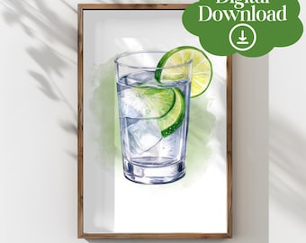 Gin and Tonic Watercolor Print, Home Bar Decor (Digital Download)