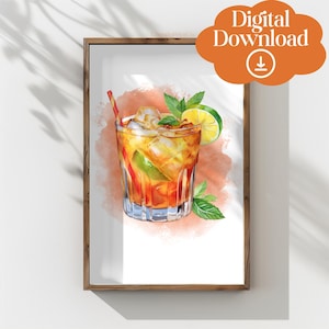 Mai Tai Akwarela Drukowalna Sztuka Ścienna, Ilustracja Letniego Koktajlu, Modna Sztuka Ścienna, Plakat Koktajlowy, Wystrój Kuchni, Sztuka Wózka Barowego