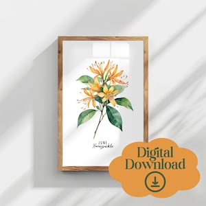 June Honeysuckle Birth Flower Printable, Botanical Wall Art, Watercolor Art, Instant Download, Mother’s Day Gift, Spring Home Wall Decor