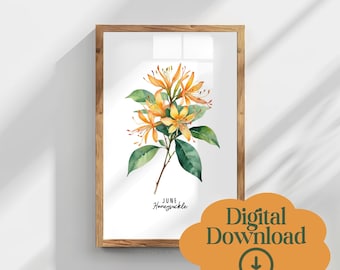 June Honeysuckle Watercolor Print, Botanical Wall Art (Digital Download)