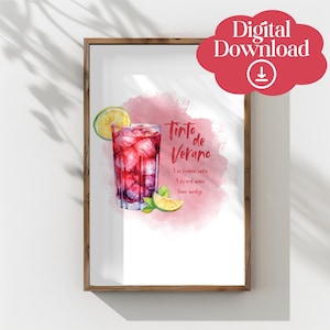 Tinto de Verano Recipe Watercolor Printable Wall Art Print, Home Bar Decor, Trendy Wall Art, Cocktail Poster, Bar Cart Print, Kitchen Art