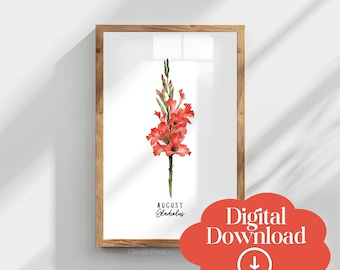 Augustus gladiolen geboorte bloem aquarel print (digitale download)