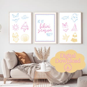 May include: Three digital prints with a summer theme. The left print features a sun, seashells, and various bikini designs in yellow and pink. The middle print says "Is it bikini season yet?" in pink and blue lettering. The right print features a starfish, a sailboat, and various bikini designs in yellow and pink.