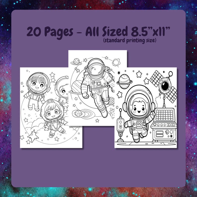 May include: Three black and white coloring pages featuring astronauts and space-themed illustrations. The pages are sized 8.5" x 11" and include the text "20 Pages - All Sized 8.5"x11" (standard printing size)". The background is a purple color with a galaxy design.