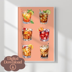Letnie kolorowe napoje alkoholowe Bar Cart Printable Wall Art, Trendy Wall Art, Koktajl Plakat, Wystrój Kuchni, Akwarela Bar Cart Art