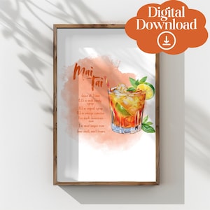 Mai Tai Recipe Printable Wall Art Print, Summer Cocktail Illustration, Trendy Wall Art, Cocktail Poster, Kitchen Decor, Bar Cart Art Digital