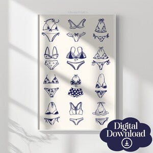 May include: A digital download print featuring 18 different styles of blue bikini illustrations. The illustrations are hand-drawn and have a vintage feel.