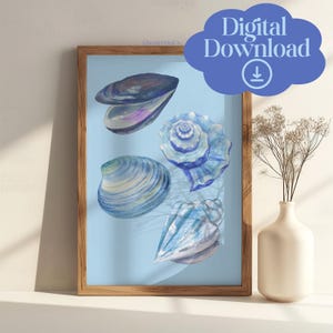 coastal wall art seashells print digital art download cute summer art print girly wall art trendy beach house decor, watercolor, version 2
