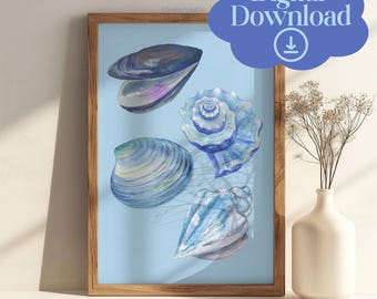 Blaue Muschel Aquarell Druck, Küsten Wandkunst (Digitaler Download)
