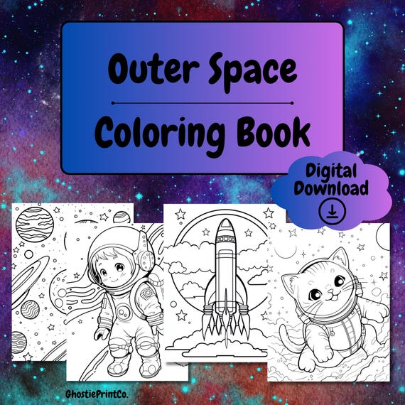 Outer Space Coloring Book, Digital Download, Printable Art Activities, Coloring Pages for Kids and Adults
