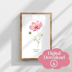 October Cosmos Birth Flower Printable, Botanical Wall Art, Watercolor Art, Instant Download, Mother’s Day Gift, Spring Home Wall Decor