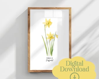 Arte de parede botânica com o narciso, flor de nascimento de março, para imprimir, aquarela, download instantâneo, presente para o Dia das Mães, decoração de parede para casa.