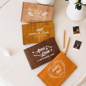 Decoración de mesa de madera personalizada, libro de firmas de boda rústico personalizado, libro de firmas Polaroid, libro de recuerdos de boda, regalo familiar de verano personalizado