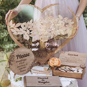 Libro degli ospiti Idee alternative per matrimoni in acrilico, Albero dei desideri, Decorazione rustica per cartello di nozze in acrilico, Scatola regalo personalizzata per matrimoni con cuore