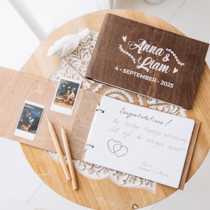 Libro de visitas de madera para bodas rústicas, regalos de aniversario para parejas, regalo para ella, decoración personalizada para despedida de soltera, libro de fotos Polaroit, bolígrafos para bodas