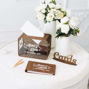 Decoración de boda moderna, conjunto personalizado de boda bohemia: libro de visitas y caja de tarjetas, libro de visitas de madera, caja de tarjetas acrílica, letrero de boda de madera