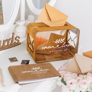 Libro de visitas de boda y caja de tarjetas, caja de regalo de boda boho, libro de visitas de boda personalizado, libro de bodas de madera, caja de tarjetas de acrílico, caja de boda