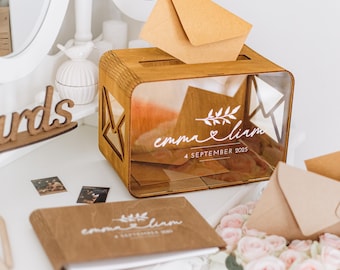 Wedding Guest Book and Card Box, Boho Wedding Gift Box, Personalized Wedding Guest Book, Wooden Wedding Book, Acrylic Card Box, Wedding Sing