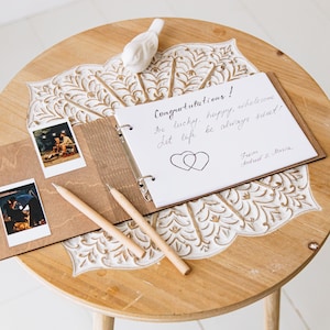 Libro de firmas de boda rústico, libro de firmas de madera con fotos único, decoración de mesa de madera personalizada, regalo de cumpleaños personalizado, bolígrafos