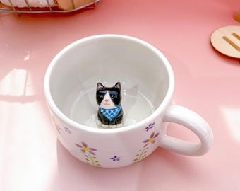 リバーシブル猫マグカップ：3Dセラミック彫刻、ユニークな猫好きへの