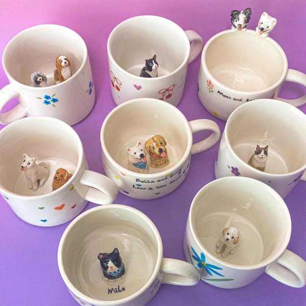 Custom Pet Mug with 3D Animal Figure, Personalized Ceramic Cup, Handmade Floral Dog Mug, Cute Dog or Cat Gift for Pet Lovers, Birthday Gifts