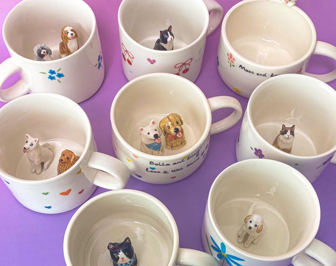 Custom Pet Mug with 3D Animal Figure, Personalized Ceramic Cup, Handmade Floral Dog Mug, Cute Dog or Cat Gift for Pet Lovers, Birthday Gifts