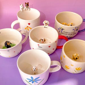 Tazza personalizzata per animali domestici con figura di cane 3D, tazza in ceramica personalizzata, tazza floreale fatta a mano, regalo personalizzato per gli amanti dei cani, compleanno o commemorazione di animali domestici