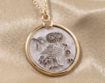 Gold Tone Owl Coin Necklace, Ancient Greek Athena Medallion Pendant, Mythology Jewelry