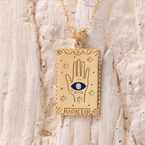14K Solid Gold Magician Tarot Card Necklace, Diamond Evil Eye Pendant, Celestial Mystical Jewelry