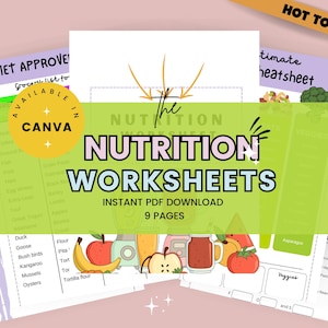 May include: A set of printable nutrition worksheets with a green, pink, and yellow color scheme. The worksheets include a grocery list, food pyramid, and meal planning templates. The text "The Nutrition Worksheets" is in a pink box with a white outline. The text "Instant PDF Download 9 Pages" is below the title.