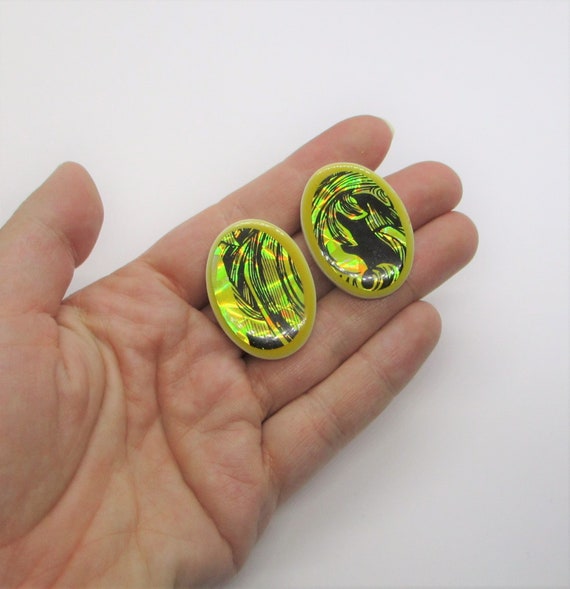 Holographic gold earrings: amazing oval white pla… - image 4