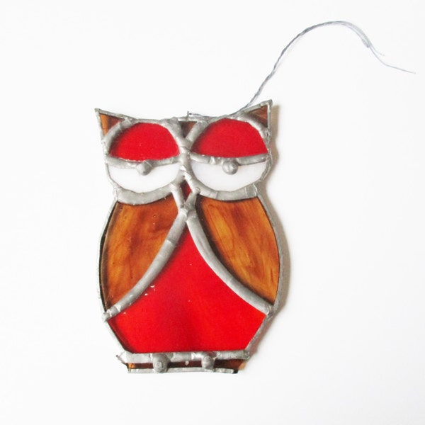 Glasmalerei-Eule: rote und braune Eule Motiv handgemachte Glasmalerei Suncatcher, sonnenfänger, Glasmalerei sonnenfänger, Eule Suncatcher