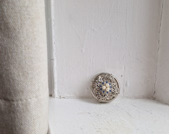 Silver tone pillbox: Stunning mid century silver plated, blue rhinestone & faux pearl pearl pillbox, filigree rhinestone faux pearl pill box