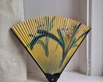 Painted paper fan: Lovely vibrant hand painted cream paper fan with black thin metal frame and green and red floral details, ladies hand fan