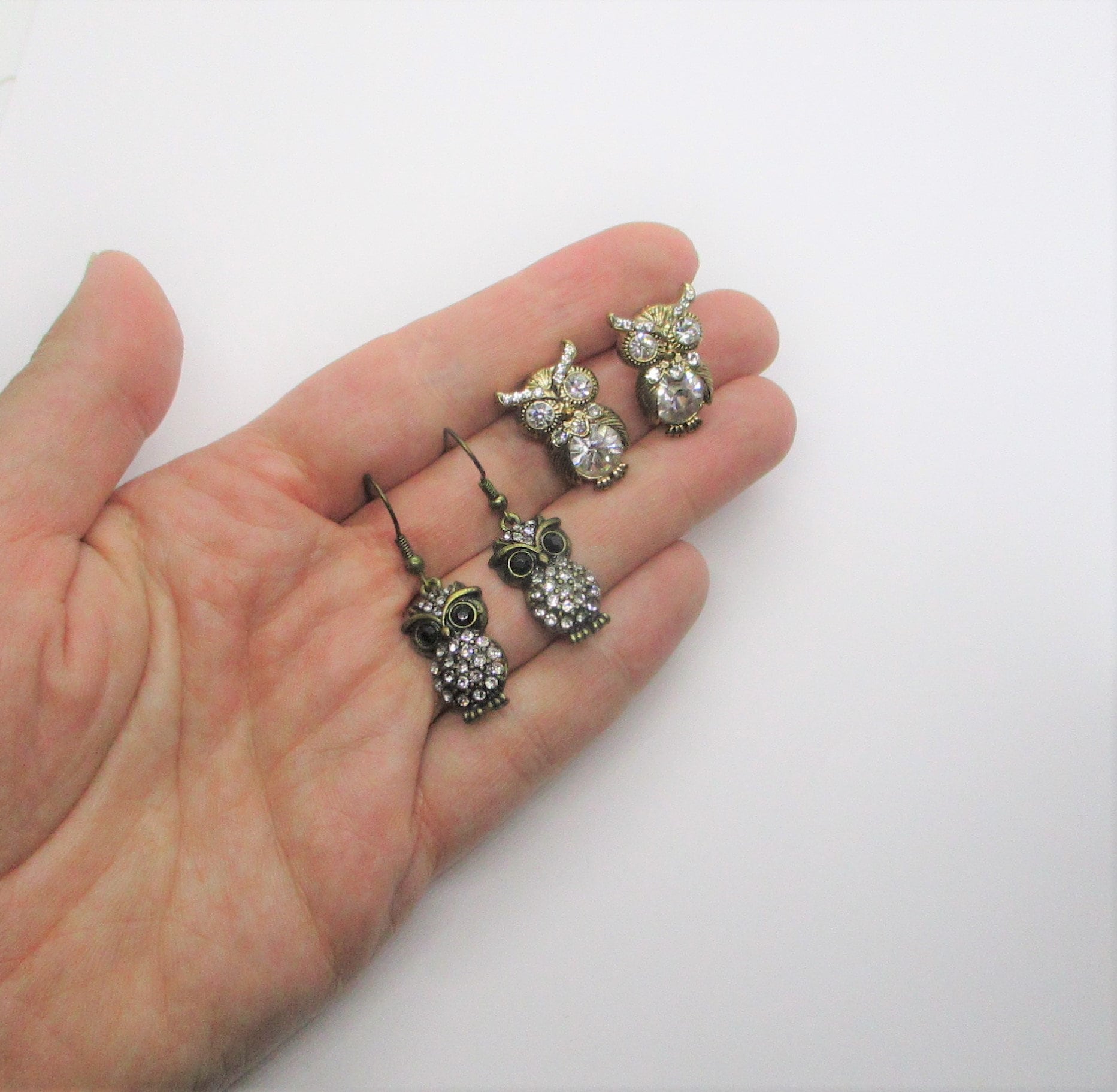Owl earrings destash: Destash two pairs of 1990s rhinestone oxidised gold tone stud back earrings, p