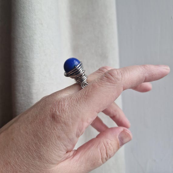 Wire wrapped ring: large statement bright blue gl… - image 6