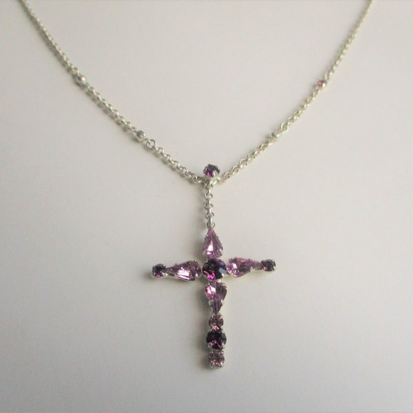 Rhinestone cross pendant: Glam, sparkly early 90s marquise cut pink and purple rhinestone and silver plated cross pendant necklace