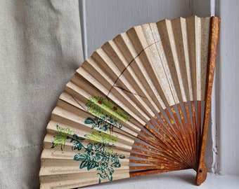 Painted paper fan: Lovely vibrant hand painted cream paper fan with terracotta painted wood frame and green floral details, ladies hand fan