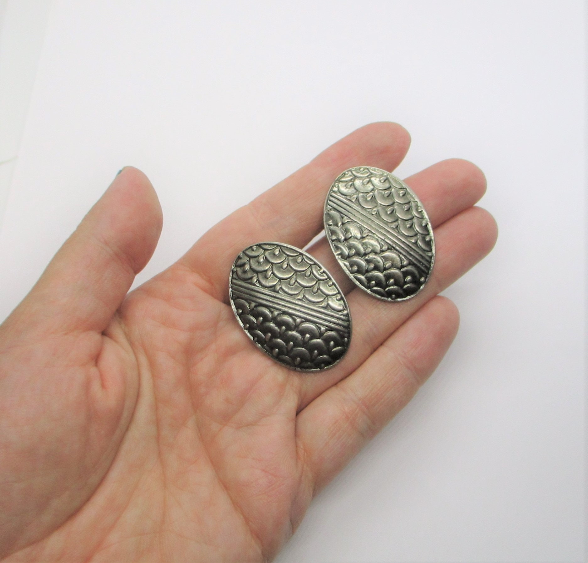 Pewter Clip Earrings Cool Engraved Oxidised Pewter Coloured