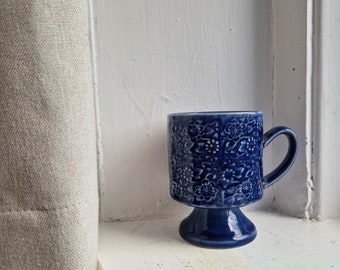 Arthur Wood cup: lovely blue glazed textured floral ceramic tea cup or coffee mug with pedestal foot, signed Arthur Wood & Sons England