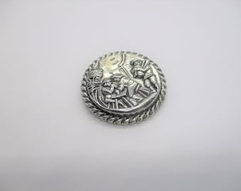 Scottish scarf clip: mid-century embossed, engraved celtic silver tone Scottish bagpipe scene, musicians silver tone scarf clip, scarf loop
