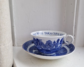 Auld Lang Syne teacup: lovely 1930s Birks Rawlins pottery willow pattern blue and white transferware Auld Lang Syne verse cup and saucer