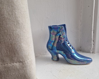 Blue pottery shoe: sweet kitsch ceramic blue pearlescent shoe or boot ornament, posy vase, 1960s novelty lace up shoe ceramic ornament