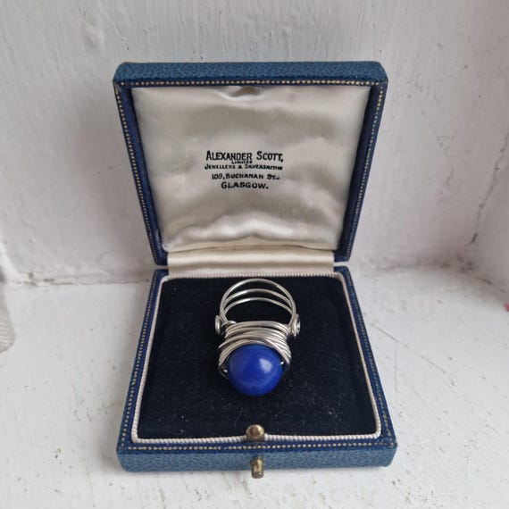 Wire wrapped ring: large statement bright blue gl… - image 1
