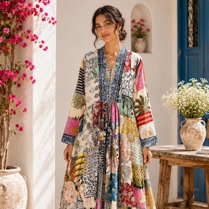 Puede incluir: Un vestido largo de patchwork con cuello en V y mangas largas. El vestido presenta una variedad de patrones e estampados coloridos, incluyendo diseños florales, geométricos y abstractos. El vestido se usa con sandalias marrones.